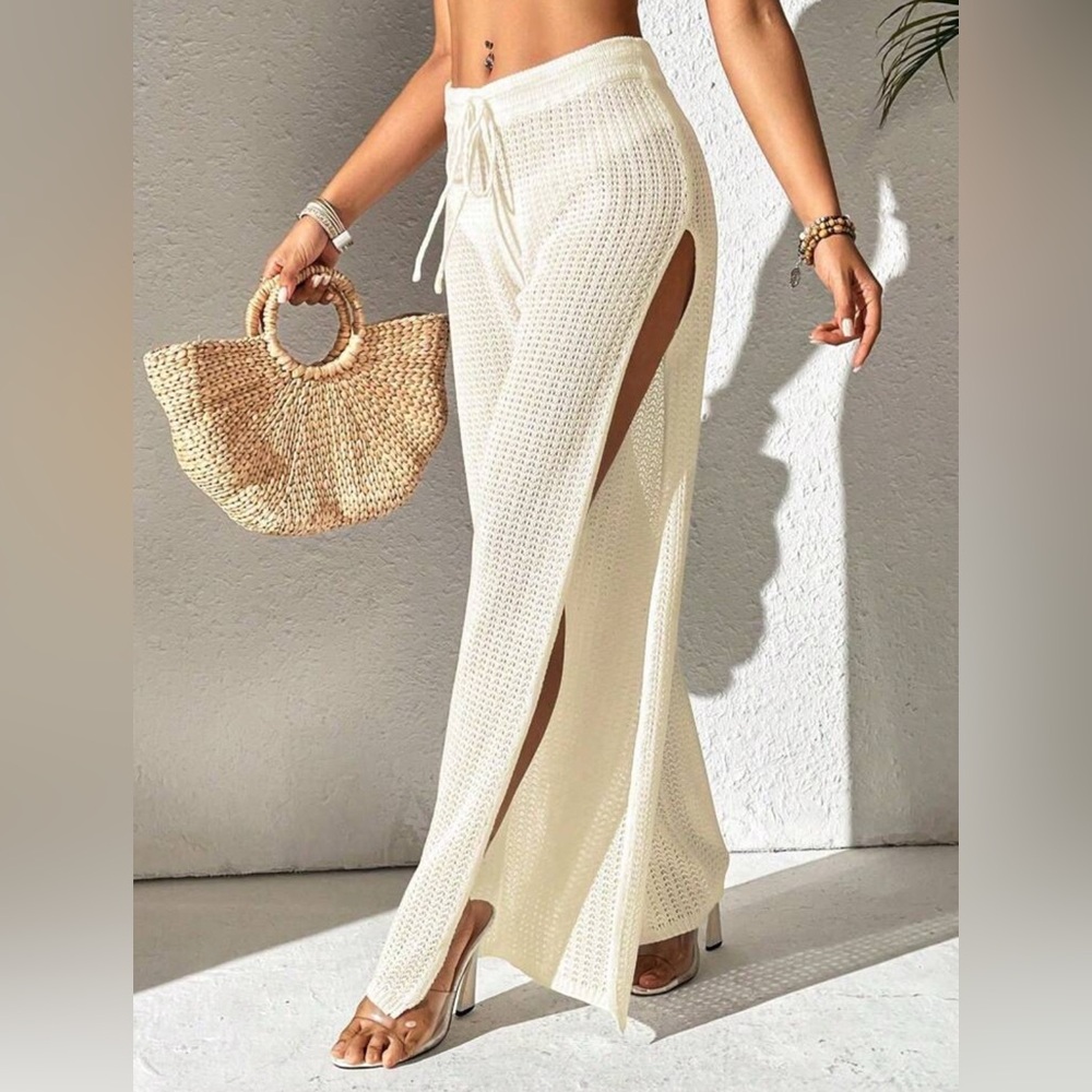 Elegant Cream Knit Wide-Leg Beach Pants